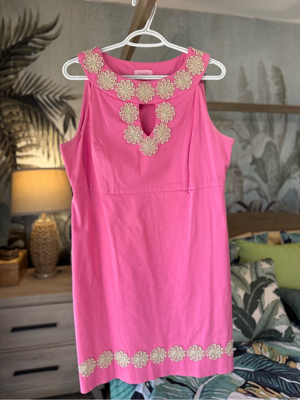 Lilly Pulitzer Hot Pink Sleeveless Shift Dress with Cream Floral Trim